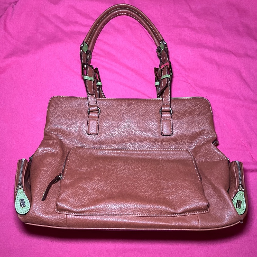 Liz Claiborne Accessories Brown Green Leather Shoulder Bag Purse Preowned